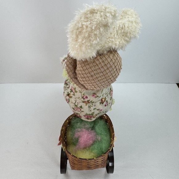 Floral Bunny Plush Doll On Metal Tricycle With Wicker Basket Floral Accents 19" - Picture 6 of 13